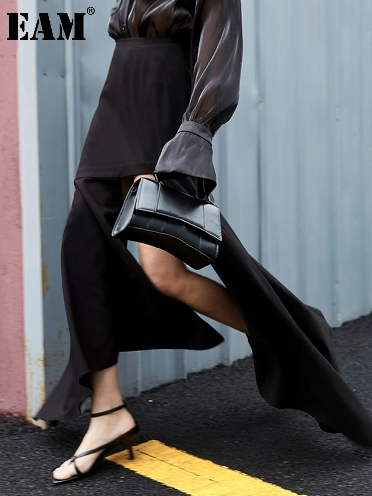 

[EAM] High Waist Black Irregular Ruffles Long Temperament Half-body Skirt Women Fashion Tide New Spring Autumn 2022 1T613