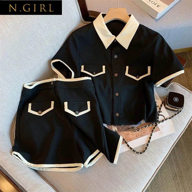 N GIRLS Women Black Shorts Sets Short Sleeve Turn-down Collar Shirts Hight Waist Shorts High Street Harajuku Solid Hot Casual