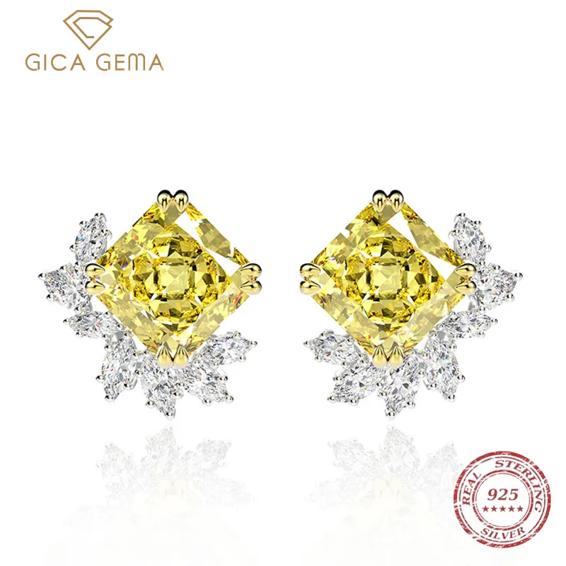 

Gica Gema 925 Sterling Silver 10*10mm Yellow Square High Carbon Diamond Flower Stud Earrings For Women Sparkling Fine Jewelry