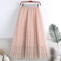 sweet floral print mesh skirt women 2022 spring summer new pleated mid length outwear skirts femme elastic waist girls faldas