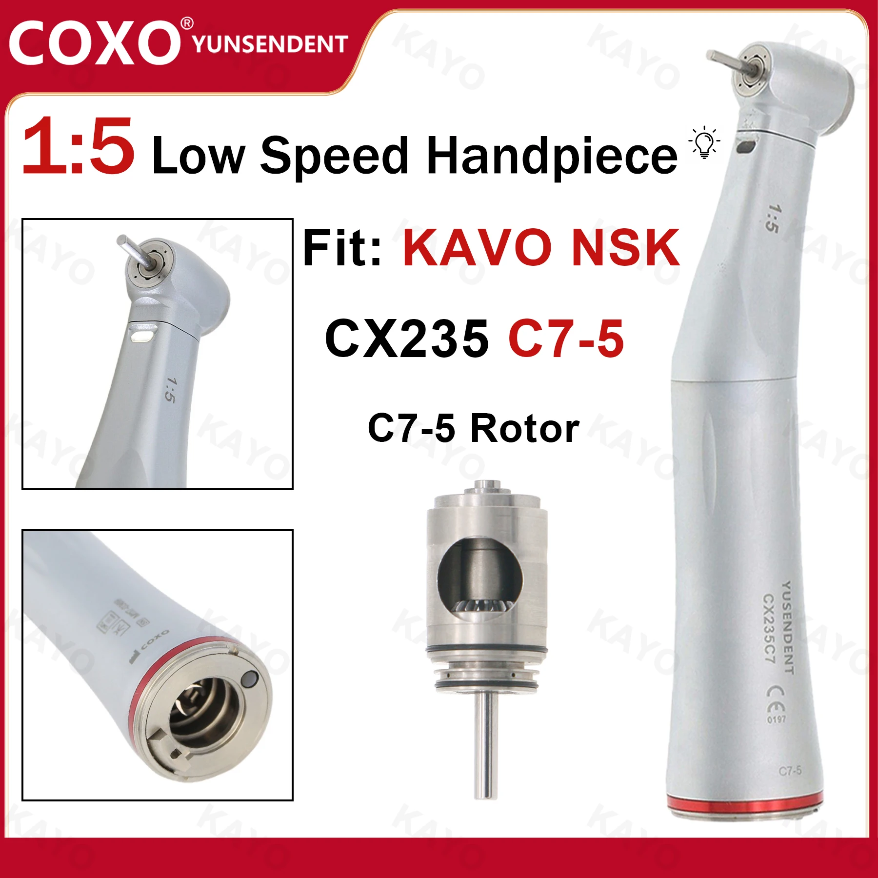 Фото Стоматологический наконечник COXO 1:5 с увеличением скорости, оптоволоконный, угловой, низкоскоростной турбинный воздушный ротор C7-5, аналог NSK Ti MAX X95L №1