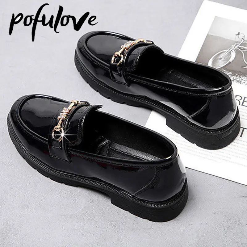 

Pofulove мягкие кожаные туфли для женщин на весну и осень средний каблук с круглым носком черные кожаные туфли на толстом каблуке Прямая постав...