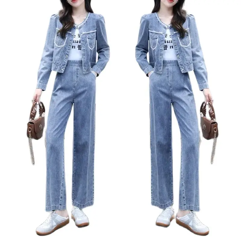 

Women Set Denim Suit Spring Autumn New Female Cowboy Coat+High Waist Broad leg Jeans Two Piece Set Ladies Casual Pants 2PCS 4XL