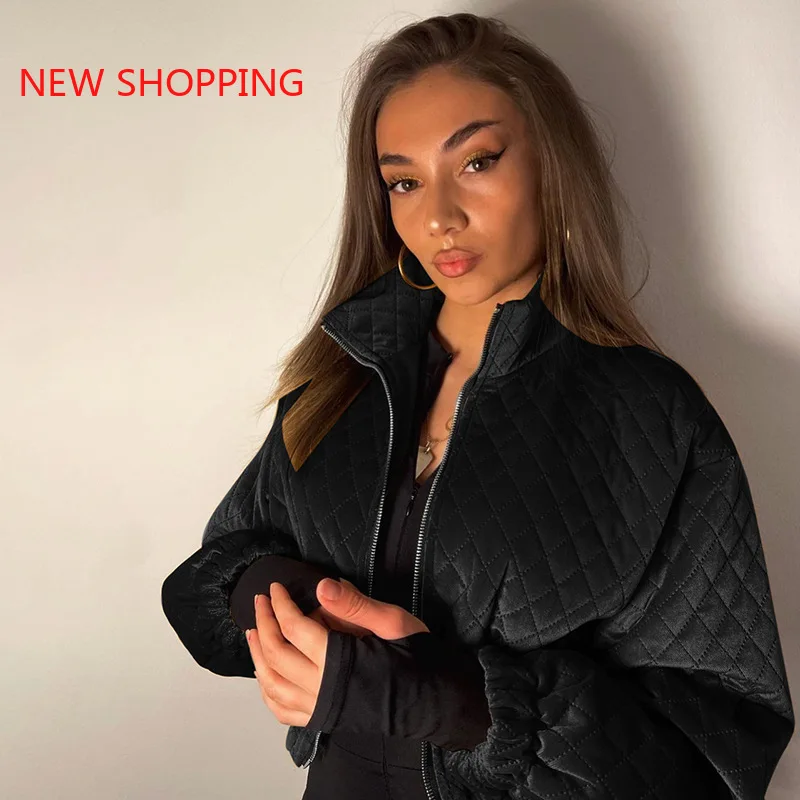 Fashion Bomber Jacket Plaid Warm Gold Black Parka Women Streetwear Cotton Zipper Winter Jackets Casual Chic Long Sleeve Parkas