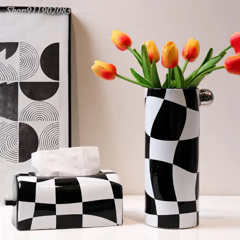 

Ceramic Vase Black White Grid Geometric Patterns Paper Box Tissue Box Desktop Storage Flower Arrangement Accessories Flower Vase