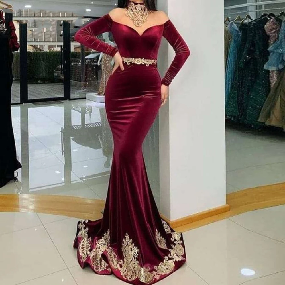 

2022 Arabic Evening Dresse Velvet Gold Lace Mermaid Formal Prom Gown High Neck Burgundy Caftan Celebrity Party Dress