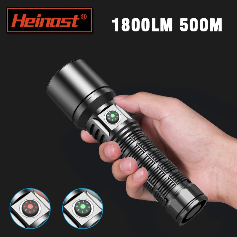 

Heinast Rechargeable LED Flashlight 21700 or 18650 Battery Type C 2A Charging Torch 1800lm Torch with Ramping Power Indicator
