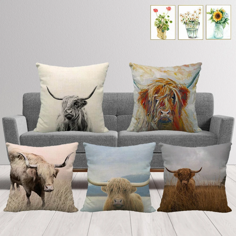 

Highland подушка с коровой чехол для дома в деревенском стиле, чехол для домашнего декора в скандинавском стиле, квадратная льняная наволочка ...