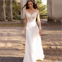 long sleeve lace appliques chiffon boho wedding dresses 2022 sweep a line bride dress for women custom made civil robe de mariee