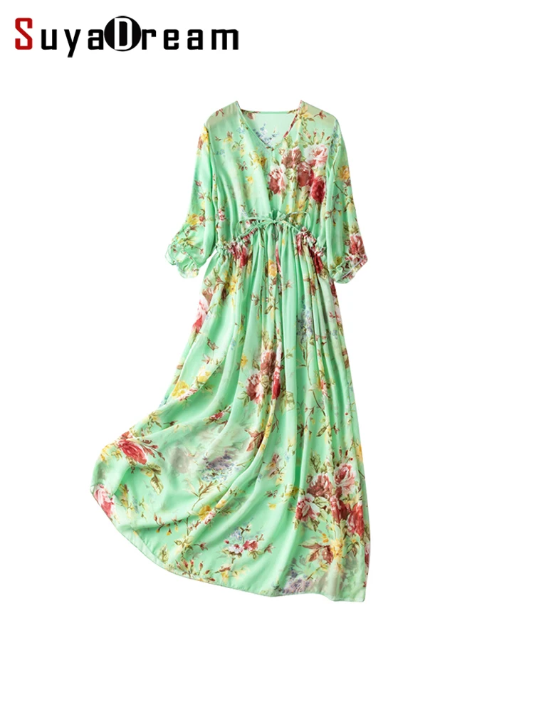 

SuyaDream женское длинное платье с цветочным принтом, 100% шелк, жоржет, пляжный стиль, прозрачные платья с принтом, 2022, весенне-летняя одежда зелен...