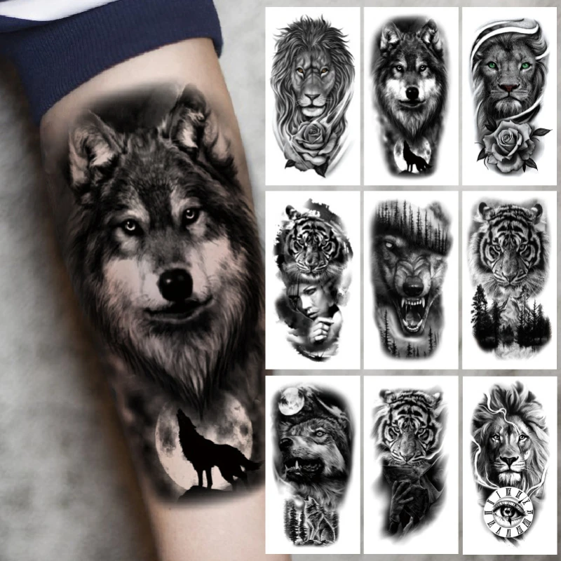 

Upper Arm Sleeve Tattoo Crown Lion Tiger Wolf Head Waterproof Temporary Tattoo Stickers Body Art Fake Tattoo for Women Men
