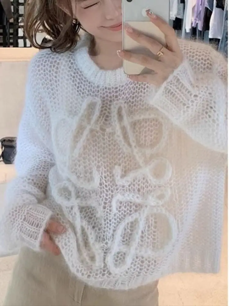 Новый однотонный женский вязаный свитер с круглым вырезом и цветочным крючком