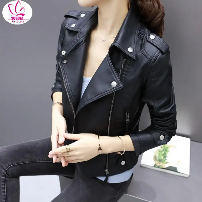 Женская куртка из искусственной кожи черная Базовая на молнии с отложным