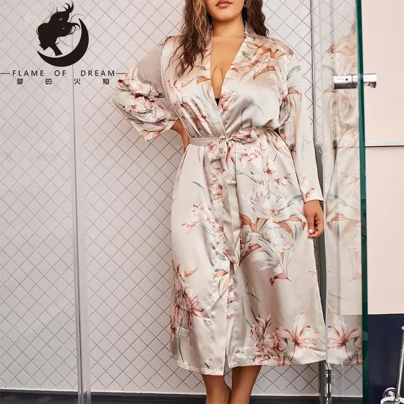 Flame of dream Plus Size Robe Women's Spring And Summer Thin Fashion Printed Nightwear Long Casual Cardigan Home Clothes 221462