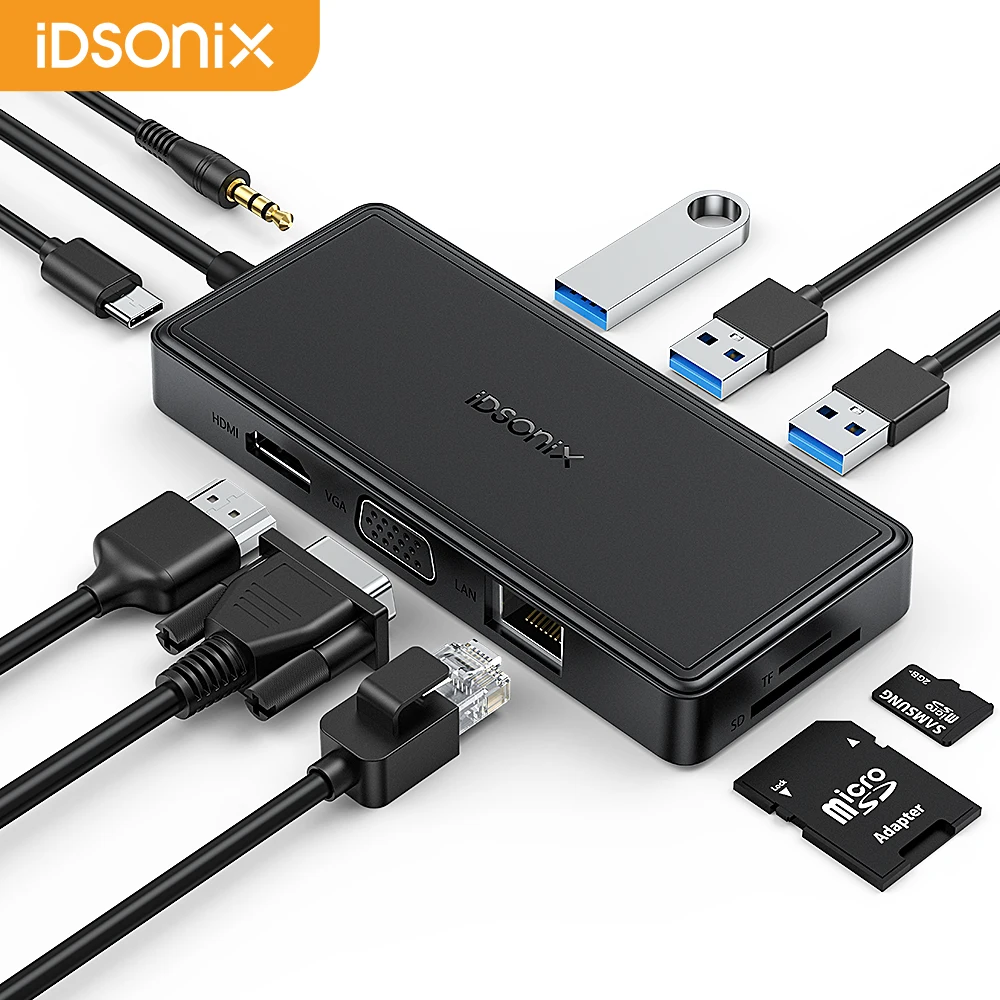 

iDsonix 4K 30HZ USB 3.0 HUB Type C to HDMI-compatible 10 in 1 Docking Station with PD100W/RJ45/ SD/TF/VGA for PC Macbook Tablet