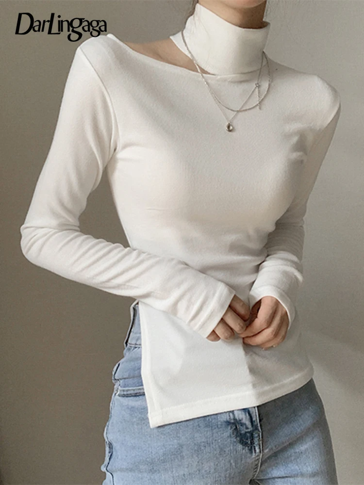 

Darlingaga White Korean Fashion Turtleneck Women T-shirts Basic Solid Spring Autumn Top Tee Casual Cut Out Split Shirts Design