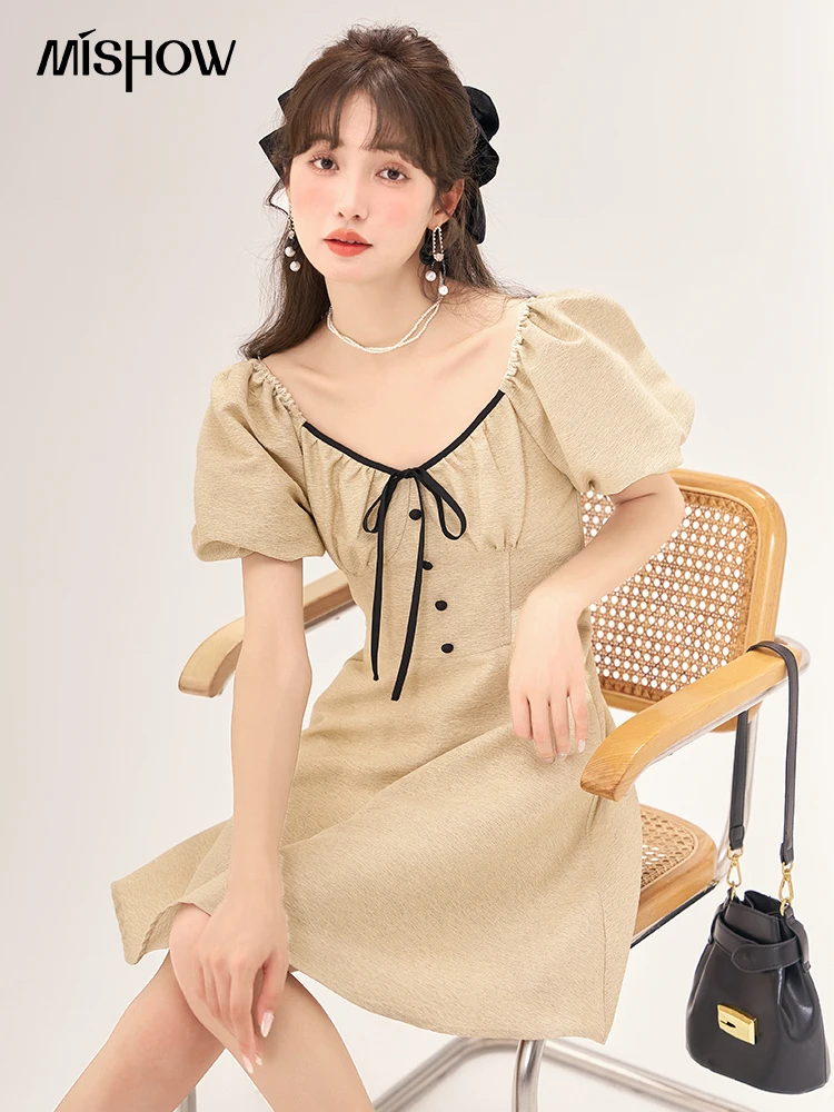 MISHOW Puff Sleeve Dress for Women Summer 2023 Lace-up Bow V-neck Waist Retro Solid Female A-LINE Knee-Length Dresses MXC38L1484