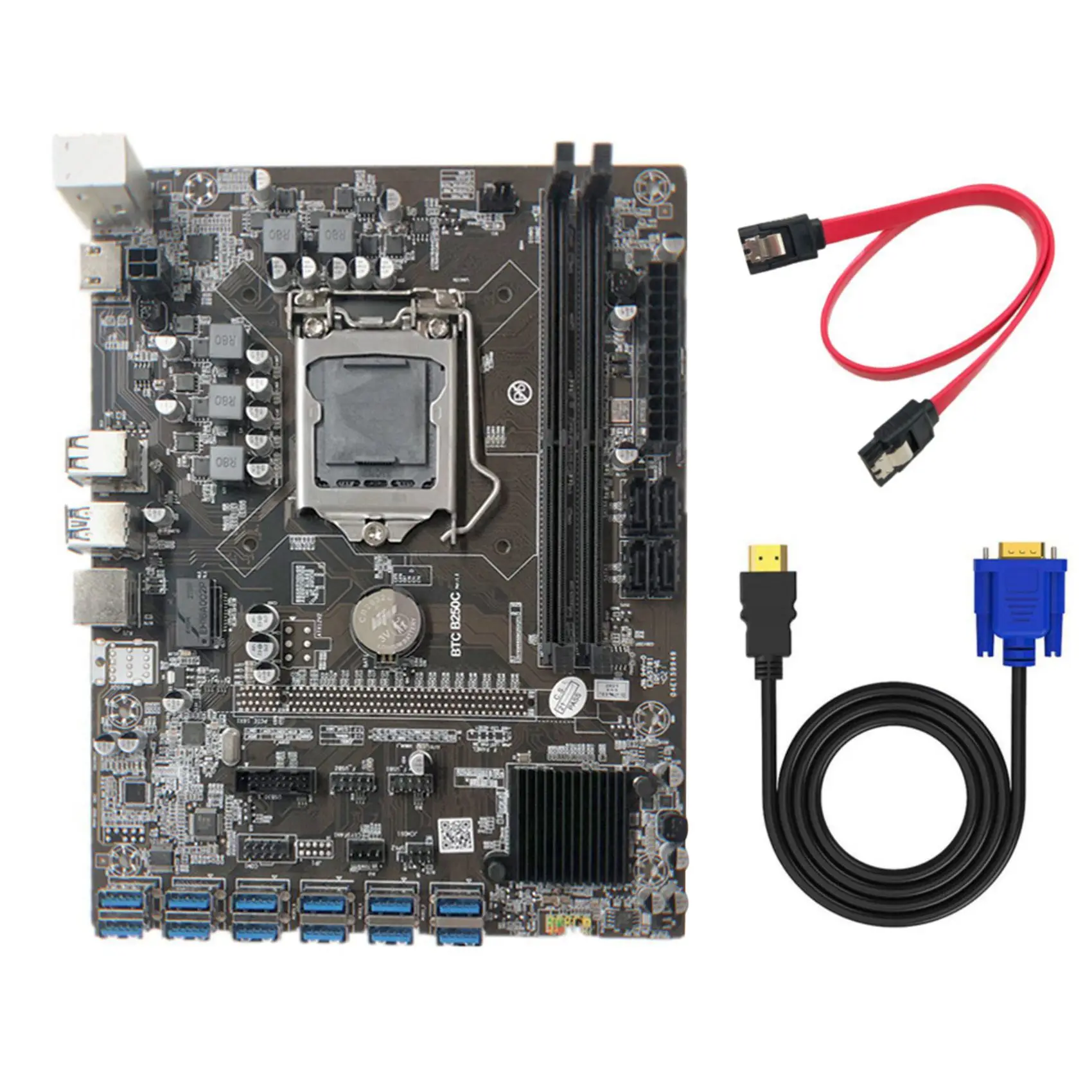 B250C Mining Motherboard with HD to VGA Cable+SATA Cable 12 PCIE to USB3.0 GPU Slot LGA1151 Support DDR4 RAM for BTC