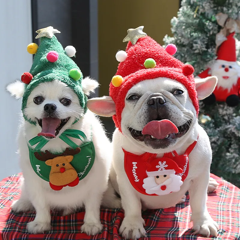 

Dog Christmas Scarf Caps Hat Funny Pets New Year Party Puppy Cap Cute Cats Bow Tie Bandana Clothes Pet Accessories