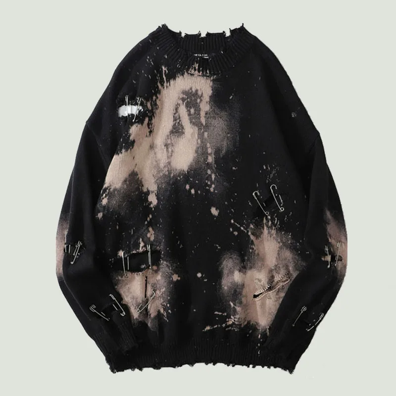 

Tie Dye Pins Ripped Distressed Destroyed Holes Knitting Sweaters Men's Hip Hop Streetwear Pullover Sweater Oversized Black Tops
