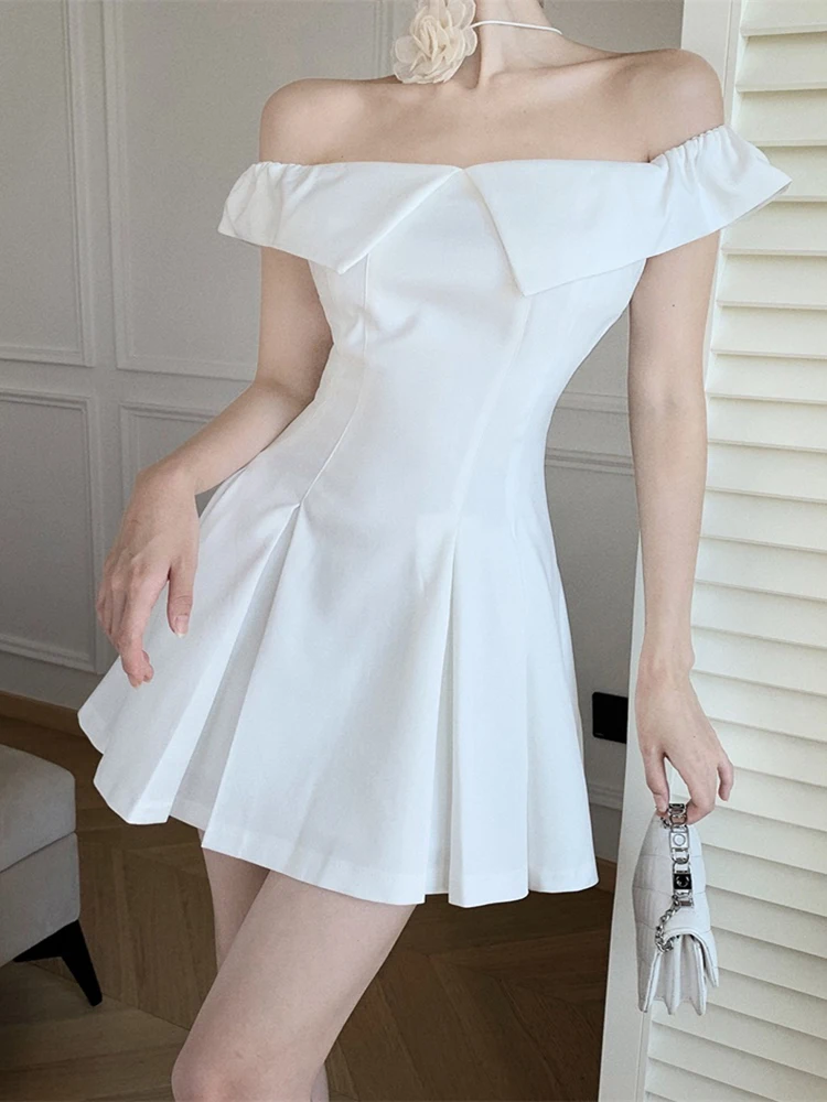 

Summer Retro Women Mini Dress 2023 New Korean Fashion Sexy Slash Neck Slim Female Party Pleated Dress Vestidos
