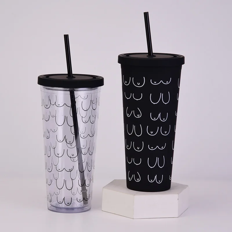 

Creative Urban Outfitters Fun Abstract Chest Water Cup Personality Sketch Double Layer Thickened Plastic Straw Cup