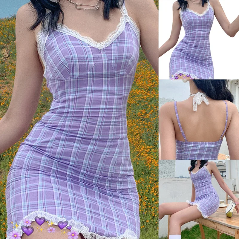 

Women's New Style Plaid Sling V-Neck Lace Halter Slim-Fit Hip Dress Purple
