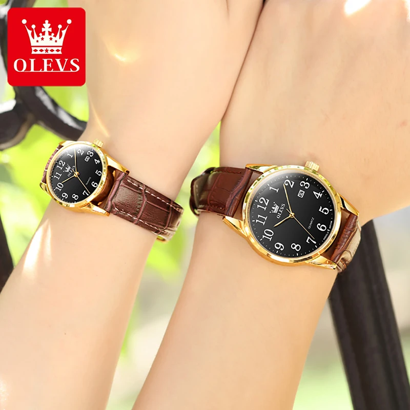 OLEVS Fashion Brown Waterproof Leather Watch Calendar Casual Simple Dial Couple Watches Quartz Watch 2022 New Couple Watch 5566