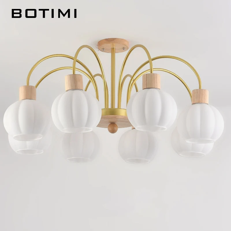 

BOTIMI Nordic Chandelier With 8 Glass Lampshade For Living Room Modern Solid Wood 6 E27 LED Lustres 3 Lights Dining Light