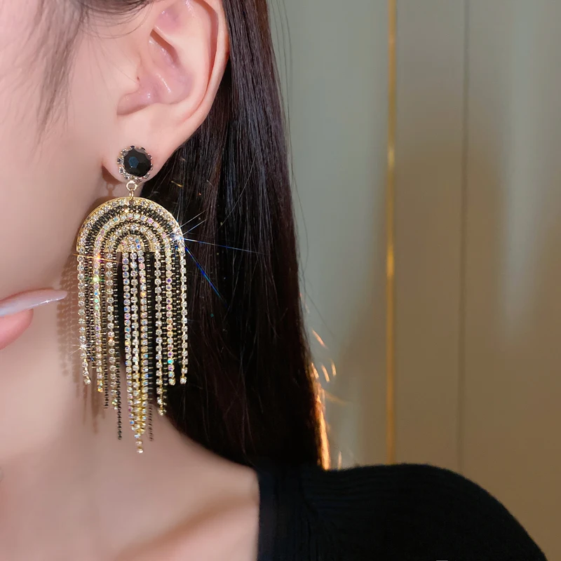 

U Shape Full Rhinestone Tassles Dangle Earrings Trendy Imitation Pearl Drop Earrings Irregular Longs Accessories Jewelry Gifts