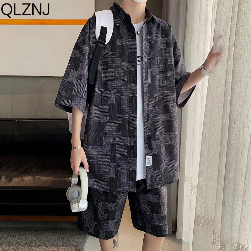 2023 Summer 2 Piece Sets Men Clothing Short Sleeve Oversized Shirts Shorts Korean Plaid Casual Hawaii Shirt Suit Y2k Streetwear