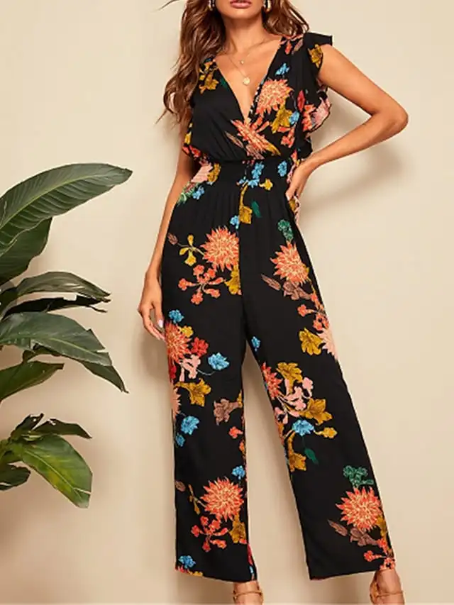 

Women's Jumpsuit Ruffle Print Floral V Neck Holiday Street Daily Regular Fit Sleeveless Black S M L Spring