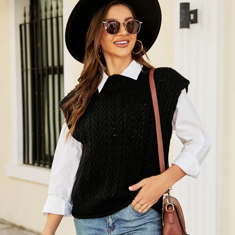 

2023 elegant casual,New knitted top, autumn and winter, all-around knitted wool vest, folded round neck sleeveless sweater