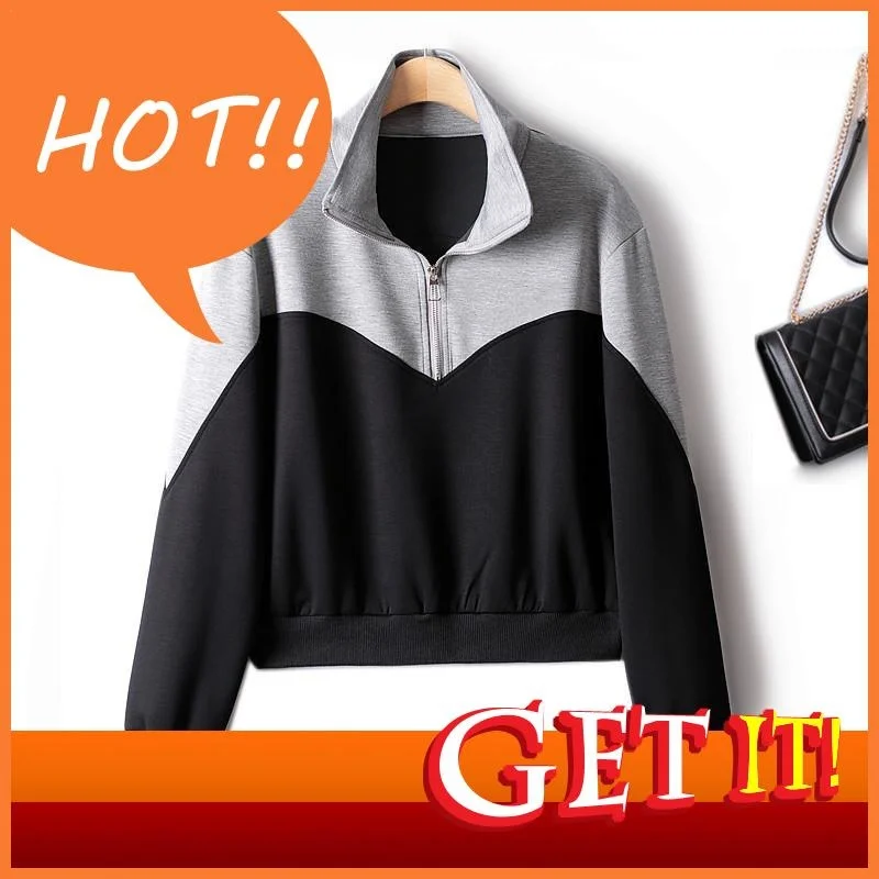 

Casual Sports Sweatshirts Women's 2023 Autumn New Air Cotton Contrast Color Short Stand Collar Korean Fashion Female Clothing