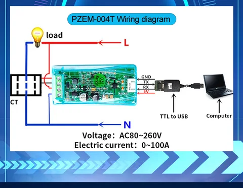 PZEM 004T 4,0 однофазный ваттметр счетчик электроэнергии TTL Modbus-RTU 220 В 32A/63A/100A счетчик напряжения и частоты электроэнергии