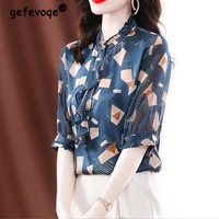 ruffles elegant chic office lady chiffon shirts womens summer fashion korean short sleeve print loose all match blouse tops 4xl