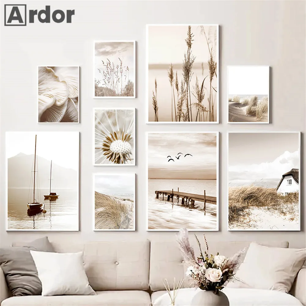 

Beach Hay Dandelion Reed Poster Canvas Painting Lake Boat Bridge Art Posters Beige Scenery Print Wall Pictures Living Room Decor