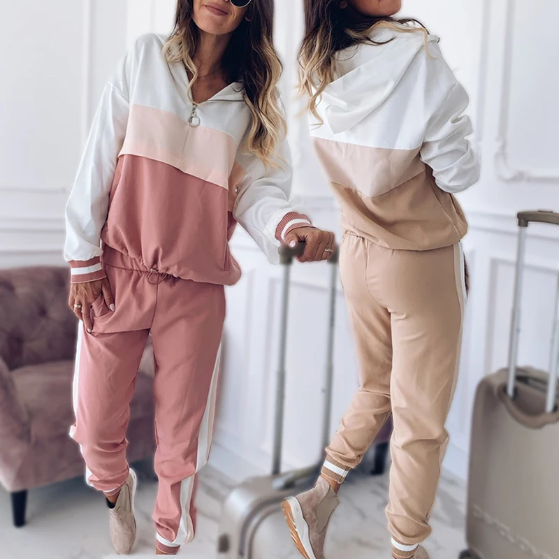 

2021 Women Casual Tracksuit Sportswear Sets Women Patchwork Hoodies Sweatshirt and Sweatpant 2 Pcs Set Spring Autumn Jogger Set