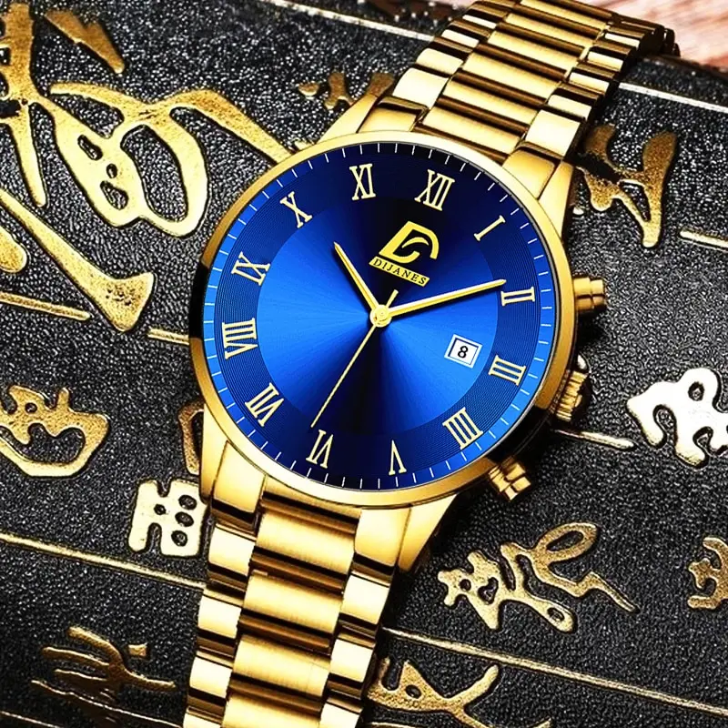 Fashion Gold Stainless Steel Watches Luxury Minimalist Quartz Wrist Watch Men Business Casual Calendar Watch 5