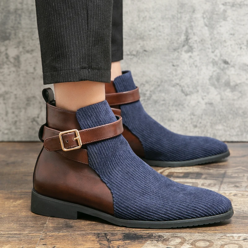 Fashion Winter Men Chelsea Boots British Style Slip-On Leather Trend Man Leisure Ankle Boots Blue High Top Casual Shoes Big Size