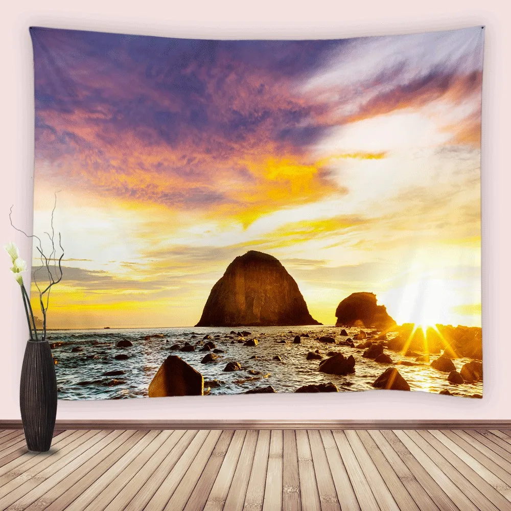 

Ocean Coast Island Tapestry Natural Landscape Sunrise Colorful Sky Clouds Fabric Wall Hanging Decor for Bedroom Living Room Dorm