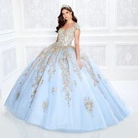 sky blueprincess quinceanera dresses 2022 gold appliques sweetheart sweetheart ball gown sweet 16 lace up vestidos 15 anos