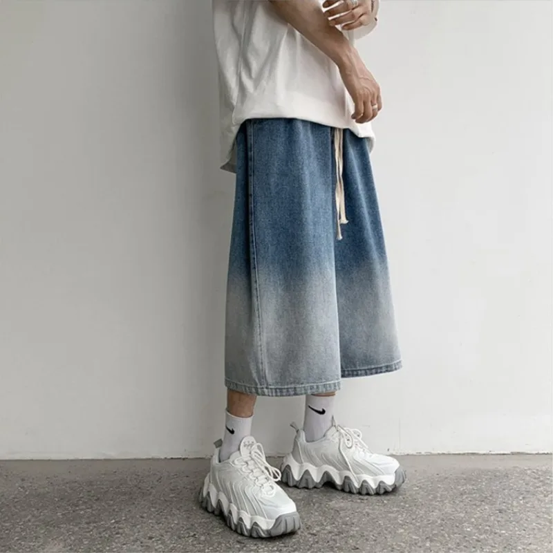 Summer Blue Black Gradient Jeans Men Fashion Oversized Wide Leg Jeans Mens Streetwear Hip Hop Loose Straight Denim Pants Men