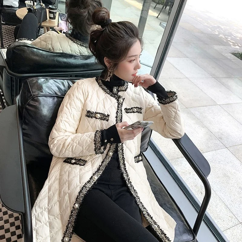 Women Elegant O Neck Button Lightweight Long Warm Outerwear Tassels Patchwork Female Black Padded Jacket 2023 Winter Wadded Coat