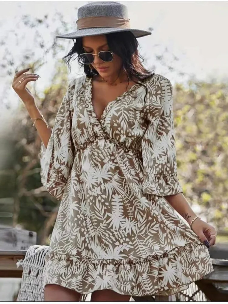 

2022 летнее Boho листья Мини платье для женщин с v-образным вырезом одежда для отпуска, пляжные платья трапециевидной формы с короткими рукавами...