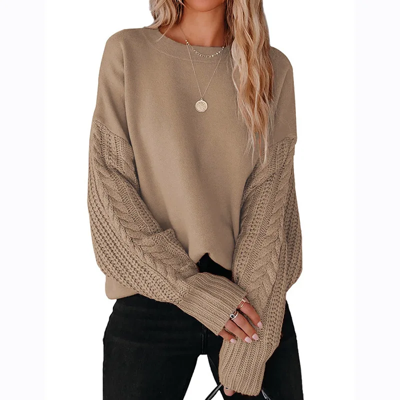 

Solid Color O-Neck Cable-Knit Sweater Women 2023 Autum Winter Long Lantern Sleeve Pullover Sweater for Women