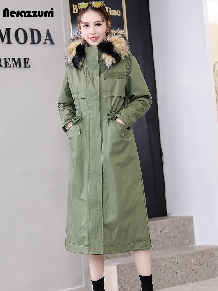 

Nerazzurri Winter Warm Fluffy Faux Fur Lined Parka with Hood ArmyGreen Black Overcoat with Detachable Large Raccoon Fur Collar