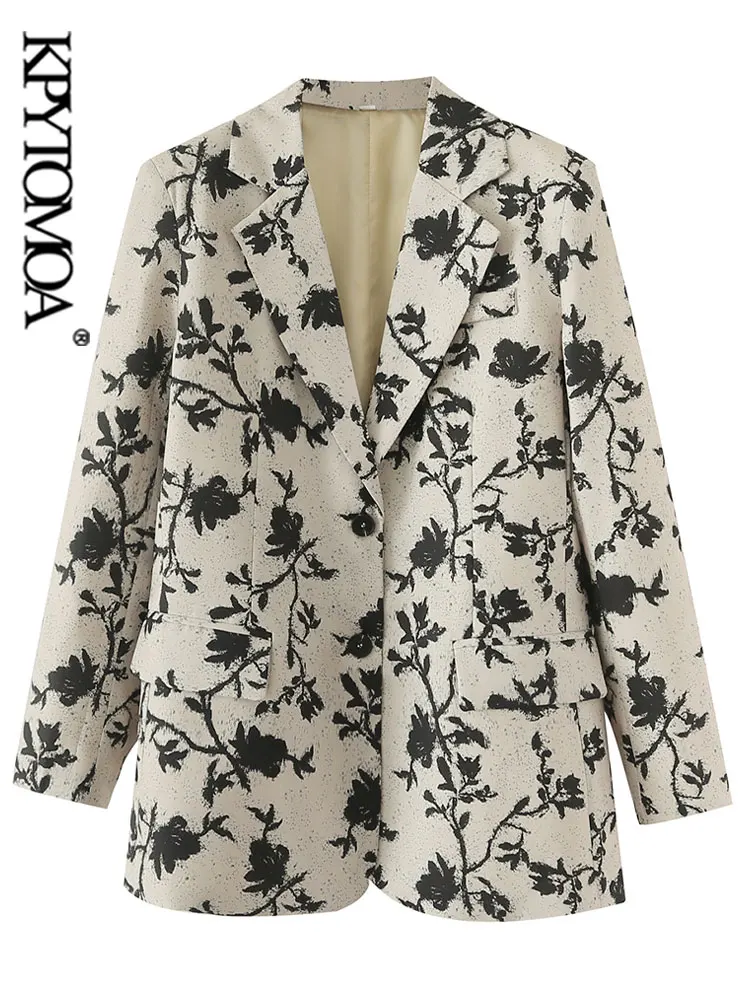 

KPYTOMOA Women Fashion Front Buttoned Floral Print Blazer Coat Vintage Long Sleeve Flap Pockets Female Outerwear Chic Veste