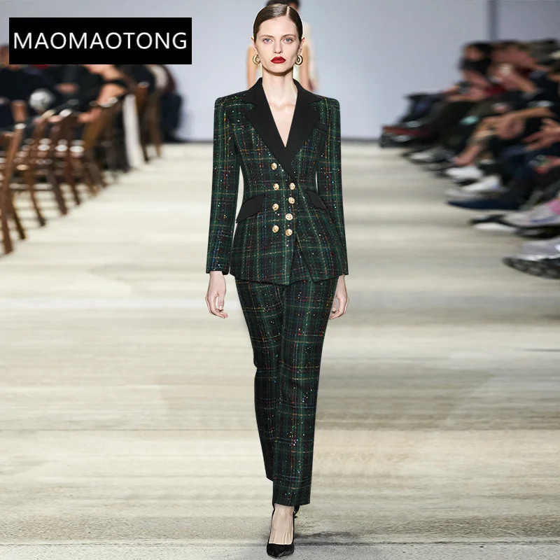 

Fashion Designer Winter Office Plaid 2 Pieces Set Women Notched Double breasted Pants Two Pieces Set