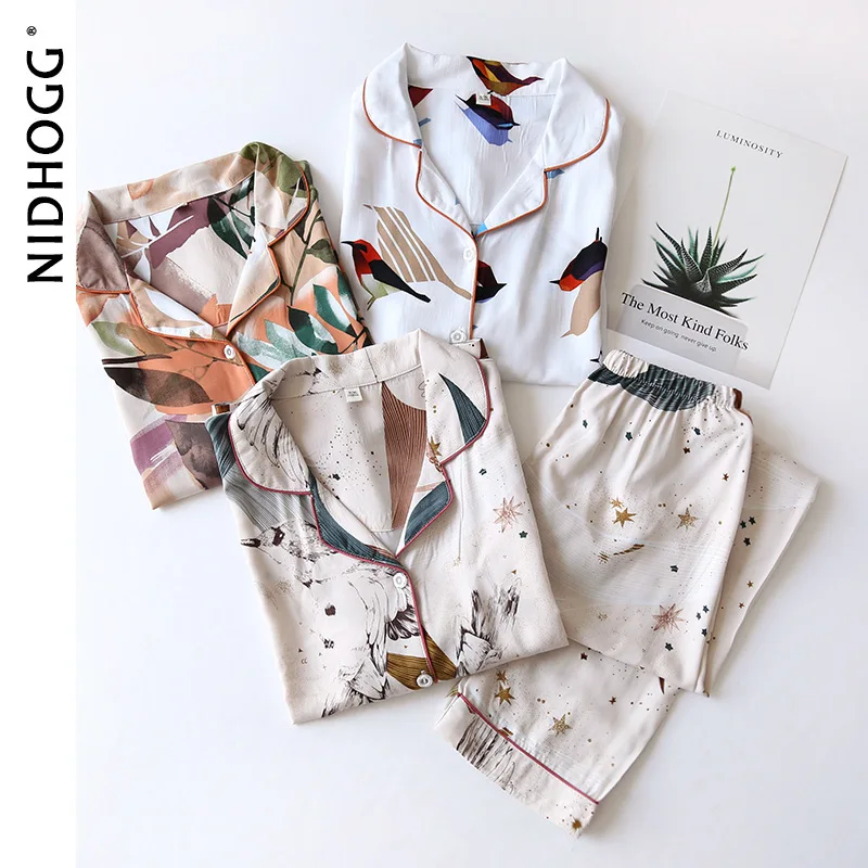 New 100% Viscose Long-sleeved Trousers Ladies Pajamas Suit Plus Size Long Sleepwear Women's Home Nightwear Satin Two Piece Set